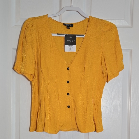 New Topshop Golden Yellow Short Sleeve Peplum Blouse Size 6